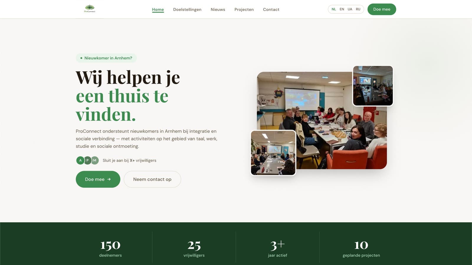Home page of the Stichting ProConnect website, with the headline “Wij helpen je een thuis te vinden.” beside photos of a group meeting